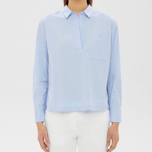 Theory Womens Solid Light Blue Wide Placket Popover Shirt Blouse Cotton Small S - Picture 1 of 13